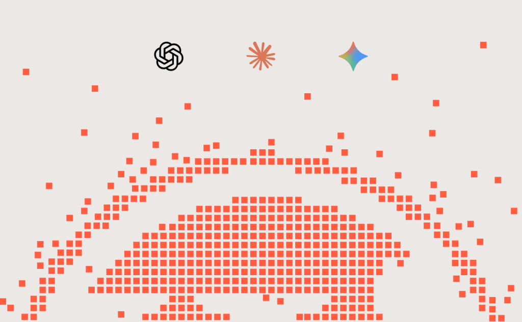 Illustration of WordPress native AI infrastructure with AI provider logos above a pixelated orange arc