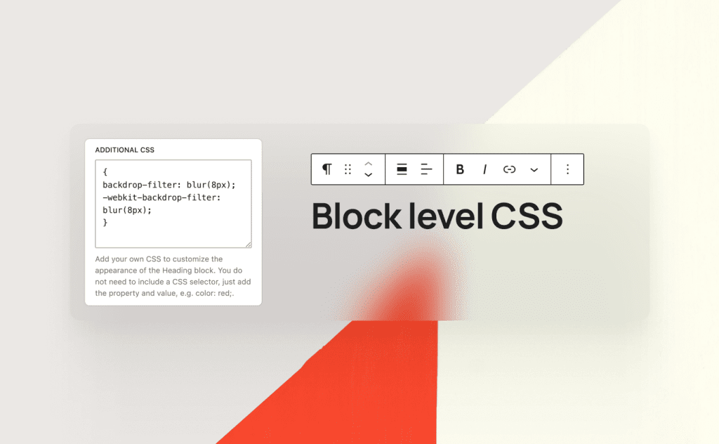 WordPress block editor showing block-level CSS customization