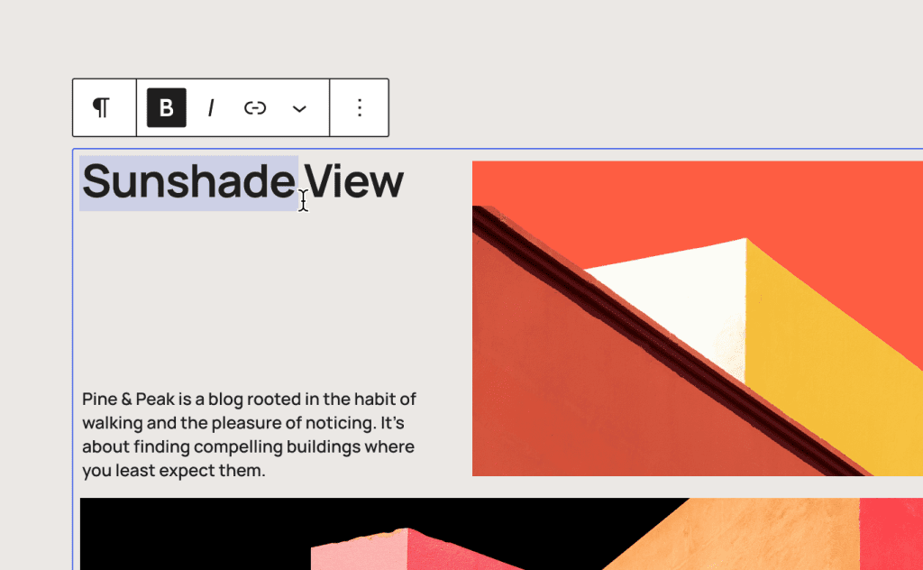 WordPress editor showing a site title and a colorful geometric image block