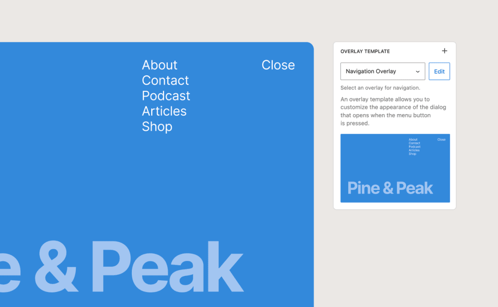 WordPress navigation overlay template preview with menu links and “Pine & Peak” branding