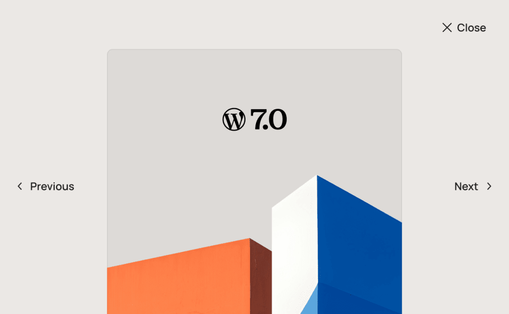 WordPress 7.0 “Armstrong” cover image with the WordPress logo and abstract orange and blue blocks