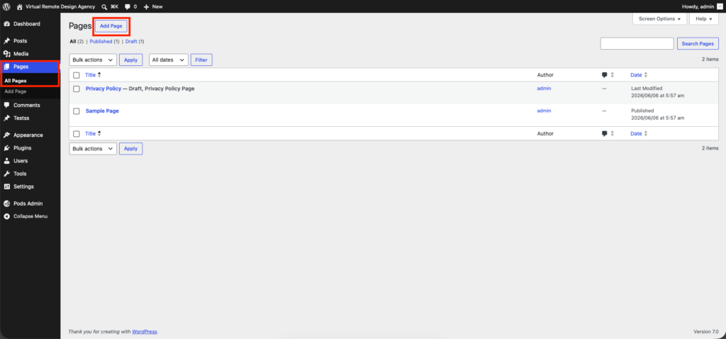 adding a new page in wordpress website