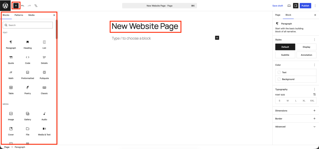 editor page in wordpress website