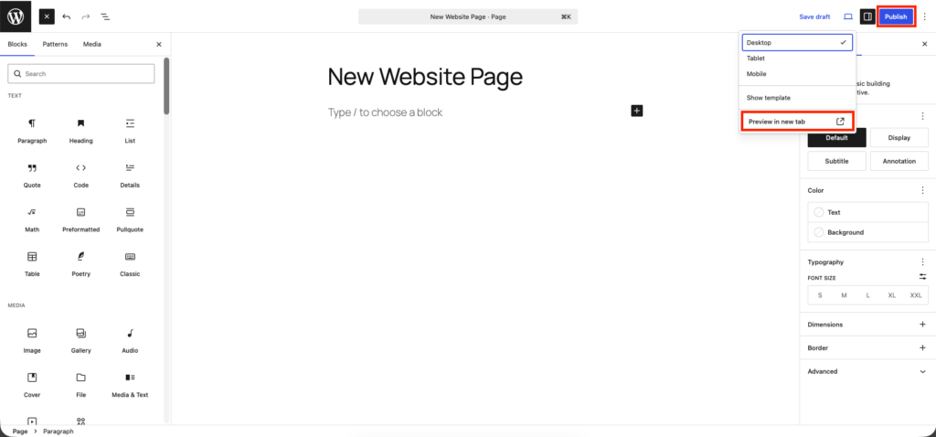 preview and publish page in wordpress website