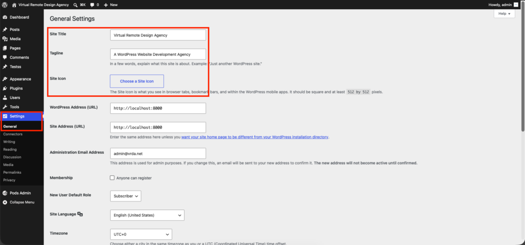 site title, tagline, and site icon settings