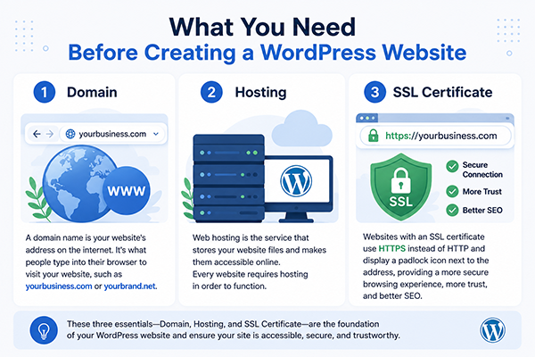Infographic: three essentials before creating a WordPress website—domain, hosting, and SSL certificate