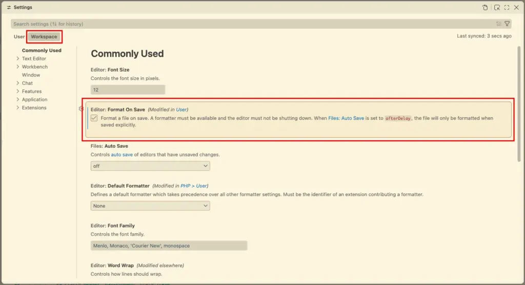 format on save vs code